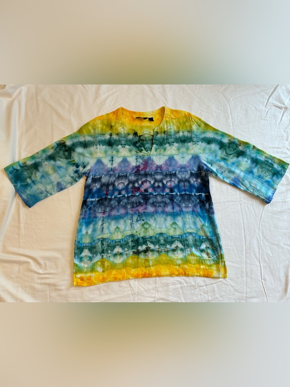 Hand-dyed Lands’ End Linen V-Neck Tunic Pockets Women’s L Summer Beach Vibes
